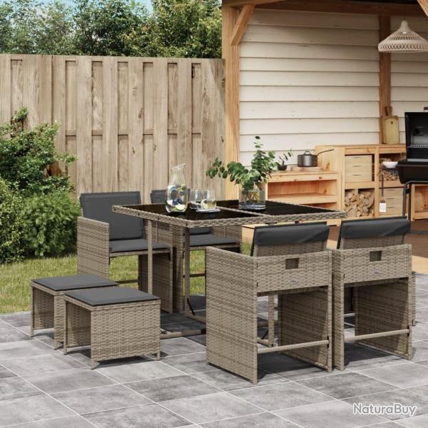 Ensemble � manger de jardin 9 pcs coussins gris r�sine tress�e