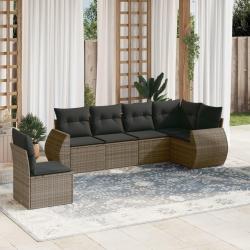Salon de jardin 6 pcs avec coussins gris r&eacute;sine tress&eacute;e