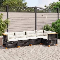 Salon de jardin 5 pcs avec coussins noir r&eacute;sine tress&eacute;e