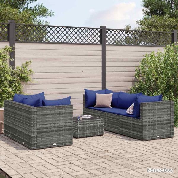 Salon de jardin 6 pcs avec coussins Gris R�sine tress�e