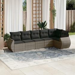 Salon de jardin 6 pcs avec coussins gris r&eacute;sine tress&eacute;e