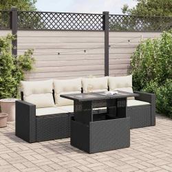 Salon de jardin 5 pcs avec coussins noir r&eacute;sine tress&eacute;e