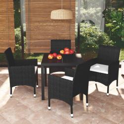 Ensemble &agrave; d&icirc;ner de jardin avec coussins 5 pcs poly rotin noir