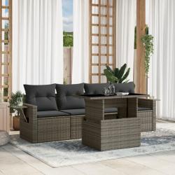 Salon de jardin 5 pcs avec coussins gris r&eacute;sine tress&eacute;e