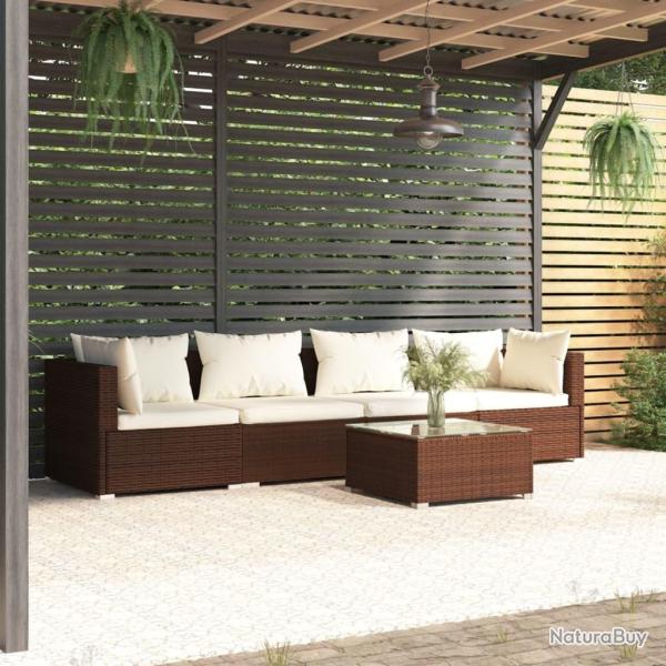 Salon de jardin 5 pcs avec coussins r�sine tress�e marron alsavelo