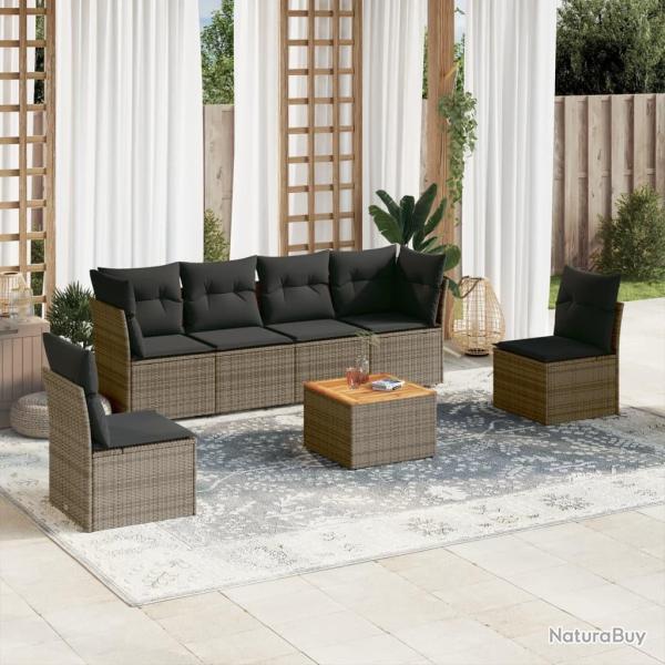 Salon de jardin avec coussins 7 pcs gris r�sine tress�e