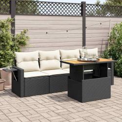 Salon de jardin 5 pcs avec coussins noir r&eacute;sine tress&eacute;e