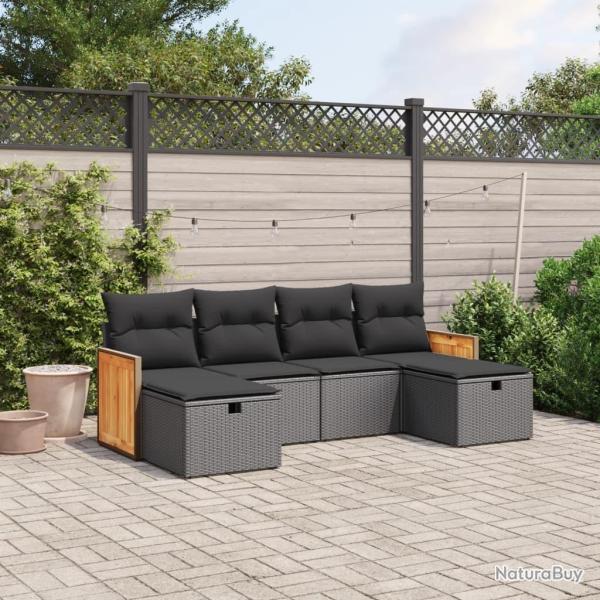 Salon de jardin 6 pcs avec coussins noir r�sine tress�e