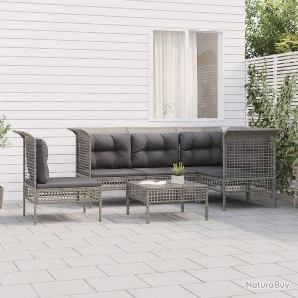Salon de jardin 6 pcs avec coussins Gris R�sine tress�e alsavelo