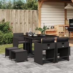 Ensemble &agrave; manger de jardin 9pcs coussins noir r&eacute;sine tress&eacute;e