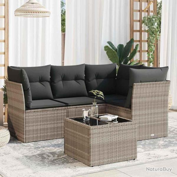 Salon de jardin 5 pcs avec coussins gris clair r�sine tress�e
