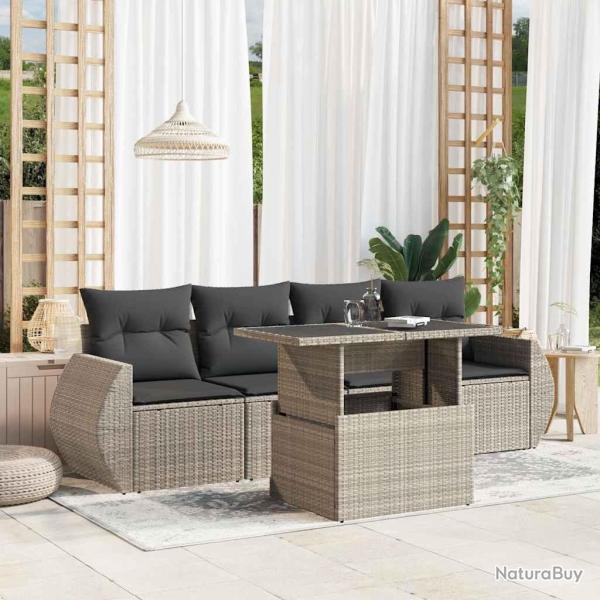 Salon de jardin 5 pcs avec coussins gris clair r�sine tress�e