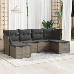 Salon de jardin 6 pcs avec coussins gris r&eacute;sine tress&eacute;e