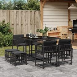 Ensemble &agrave; manger de jardin 9pcs coussins noir r&eacute;sine tress&eacute;e