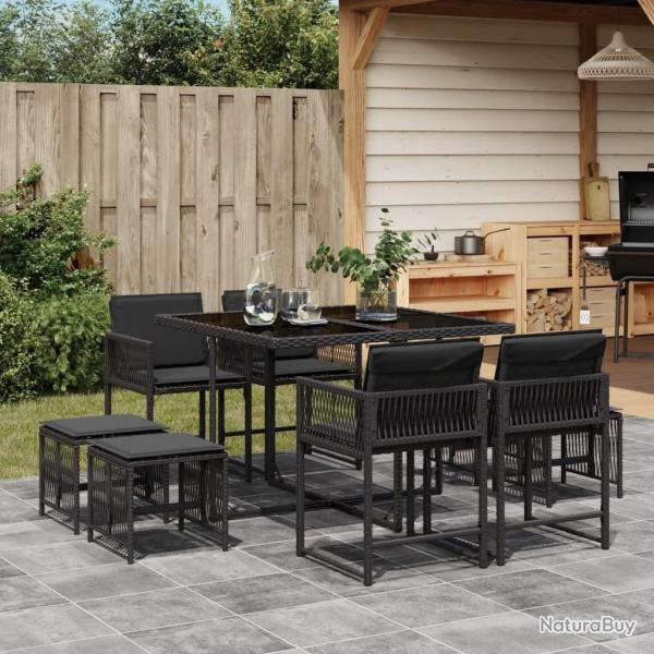 Ensemble � manger de jardin 9pcs coussins noir r�sine tress�e alsavelo