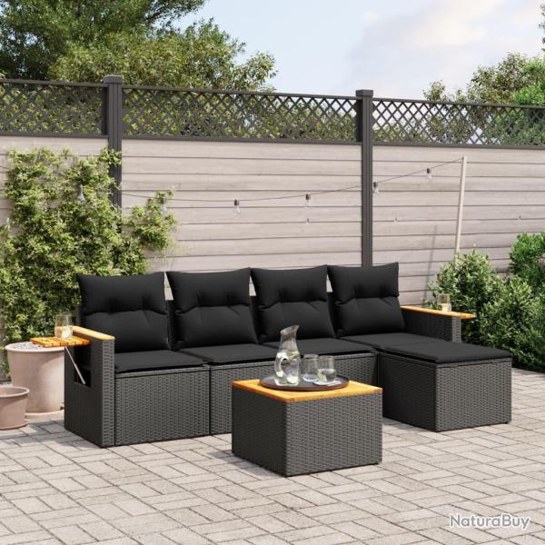 Salon de jardin 6 pcs avec coussins noir r�sine tress�e