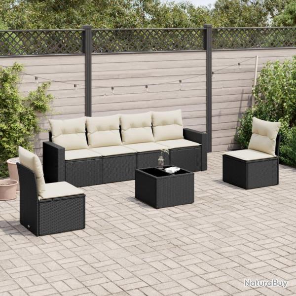 Salon de jardin 7 pcs avec coussins noir r�sine tress�e