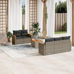 Salon de jardin 6 pcs avec coussins gris r&eacute;sine tress&eacute;e