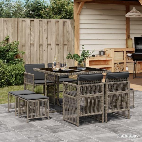 Ensemble � manger de jardin 9 pcs coussins gris r�sine tress�e