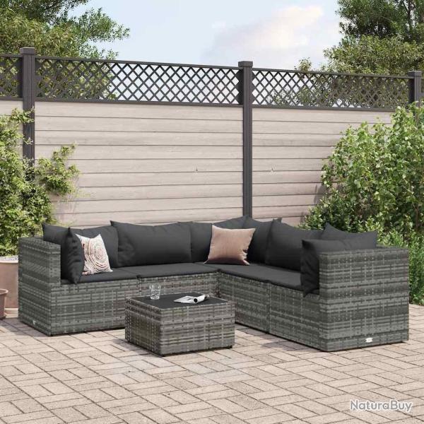 Salon de jardin 6 pcs avec coussins Gris R�sine tress�e