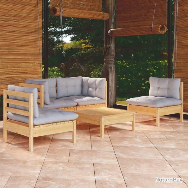 Salon de jardin 5 pcs avec coussins gris bois de pin massif alsavelo