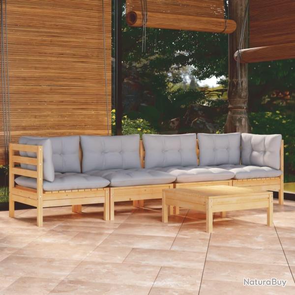 Salon de jardin 5 pcs avec coussins gris bois de pin massif alsavelo