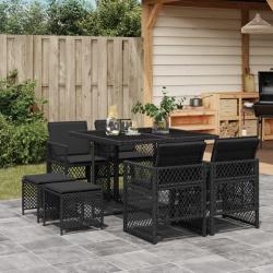 Ensemble &agrave; manger de jardin 9pcs coussins noir r&eacute;sine tress&eacute;e