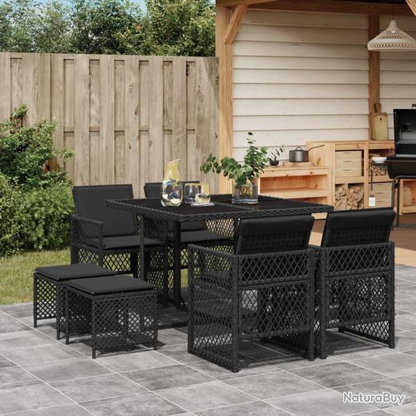 Ensemble � manger de jardin 9pcs coussins noir r�sine tress�e