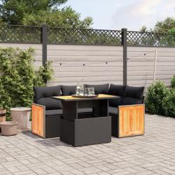Salon de jardin 5 pcs avec coussins noir r&eacute;sine tress&eacute;e