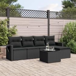 Salon de jardin 6 pcs avec coussins noir r&eacute;sine tress&eacute;e