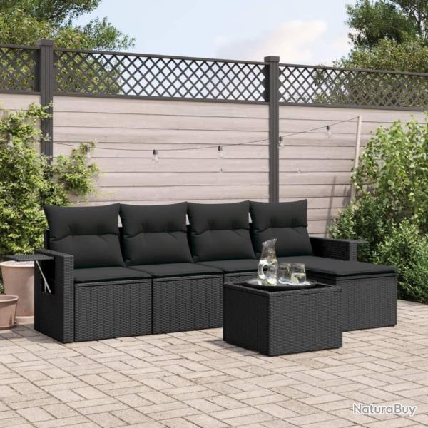 Salon de jardin 6 pcs avec coussins noir r�sine tress�e