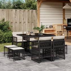 Ensemble &agrave; manger de jardin 9pcs coussins noir r&eacute;sine tress&eacute;e