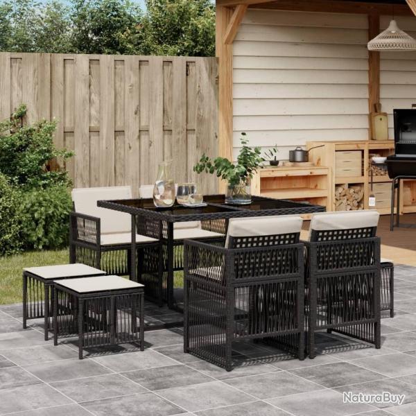 Ensemble � manger de jardin 9pcs coussins noir r�sine tress�e