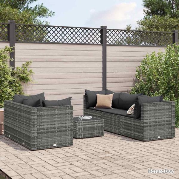 Salon de jardin 6 pcs avec coussins Gris R�sine tress�e alsavelo