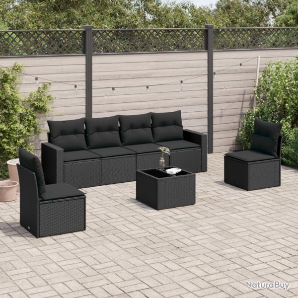 Salon de jardin 7 pcs avec coussins noir r�sine tress�e