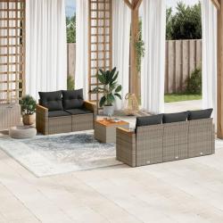 Salon de jardin 6 pcs avec coussins gris r&eacute;sine tress&eacute;e
