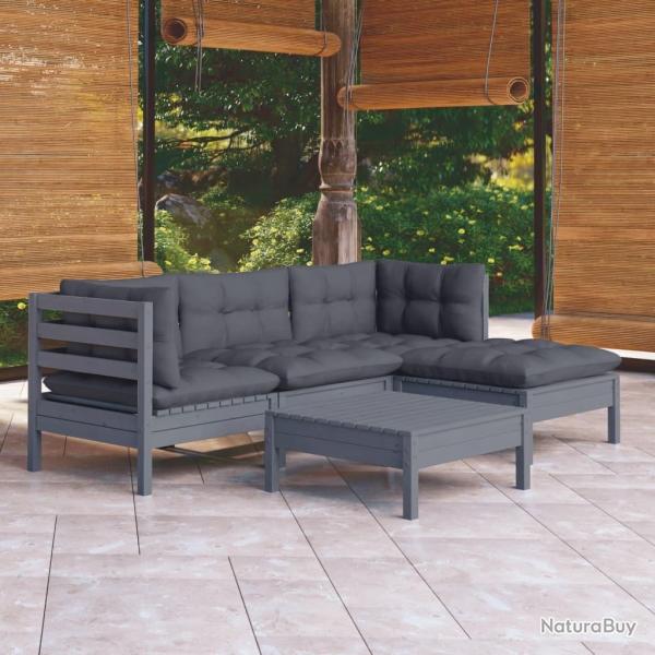 Salon de jardin 5 pcs avec coussins Gris Bois de pin alsavelo