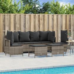 Salon de jardin 5 pcs avec coussins gris r&eacute;sine tress&eacute;e