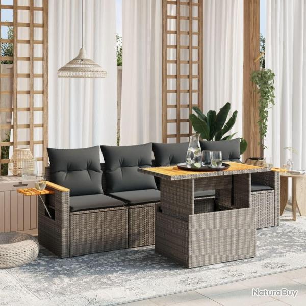 Salon de jardin 5 pcs avec coussins gris r�sine tress�e