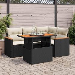 Salon de jardin 5 pcs avec coussins noir r&eacute;sine tress&eacute;e acacia