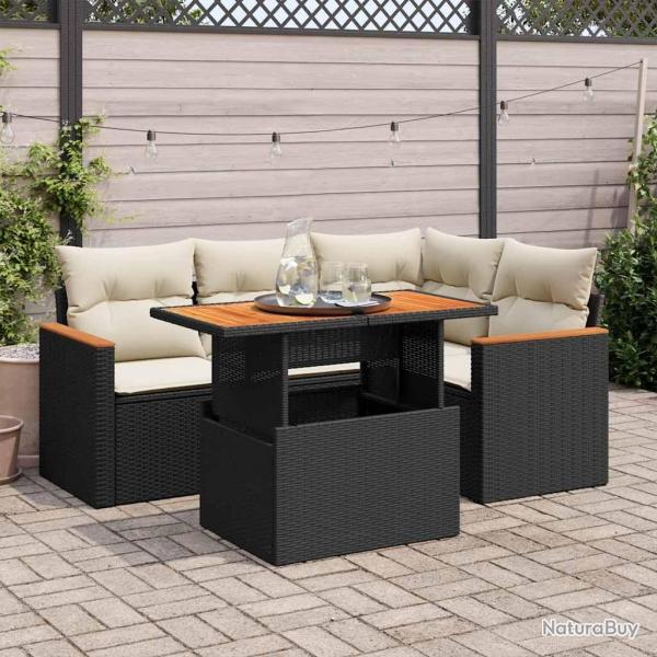 Salon de jardin 5 pcs avec coussins noir r�sine tress�e acacia alsavelo
