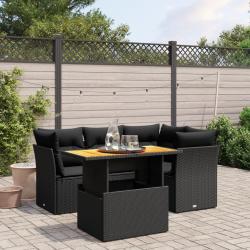 Salon de jardin 5 pcs avec coussins noir r&eacute;sine tress&eacute;e