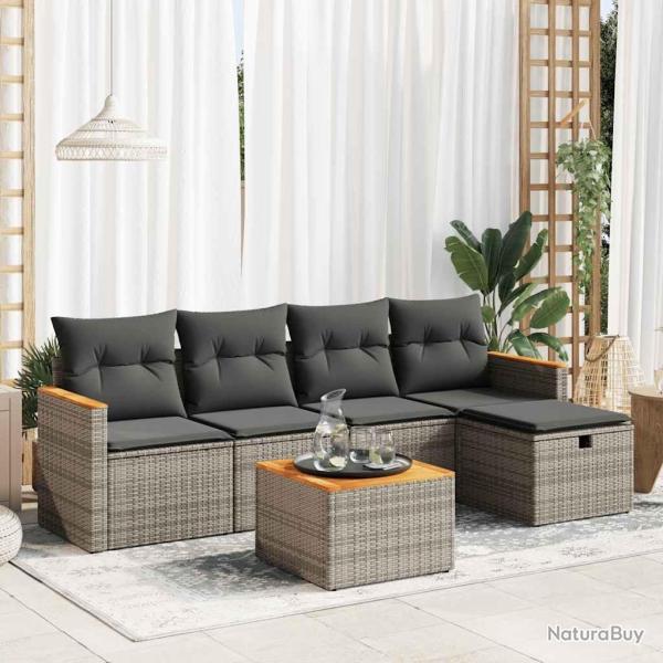Salon de jardin 6 pcs avec coussins gris r�sine tress�e alsavelo