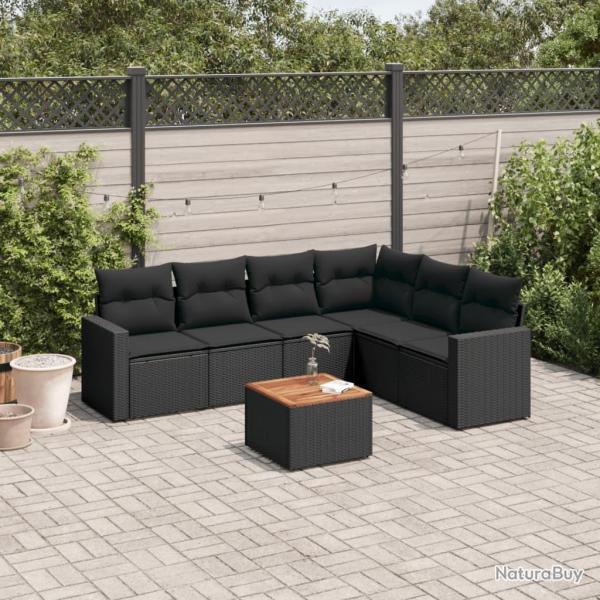 Salon de jardin 7 pcs avec coussins noir r�sine tress�e