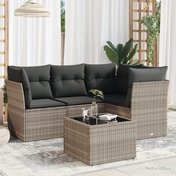 Salon de jardin 5 pcs avec coussins gris clair r�sine tress�e