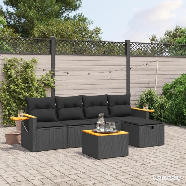 Salon de jardin 6 pcs avec coussins noir r�sine tress�e