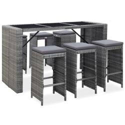 Meuble de bar de jardin 7 pcs et coussins R&eacute;sine tress&eacute;e Gris
