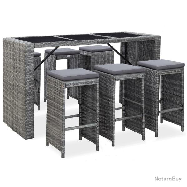 Meuble de bar de jardin 7 pcs et coussins R�sine tress�e Gris