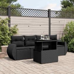 Salon de jardin 5 pcs avec coussins noir r&eacute;sine tress&eacute;e