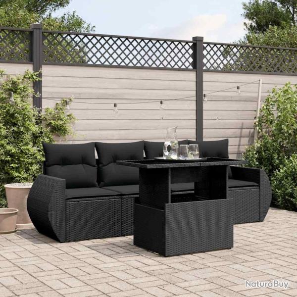 Salon de jardin 5 pcs avec coussins noir r�sine tress�e